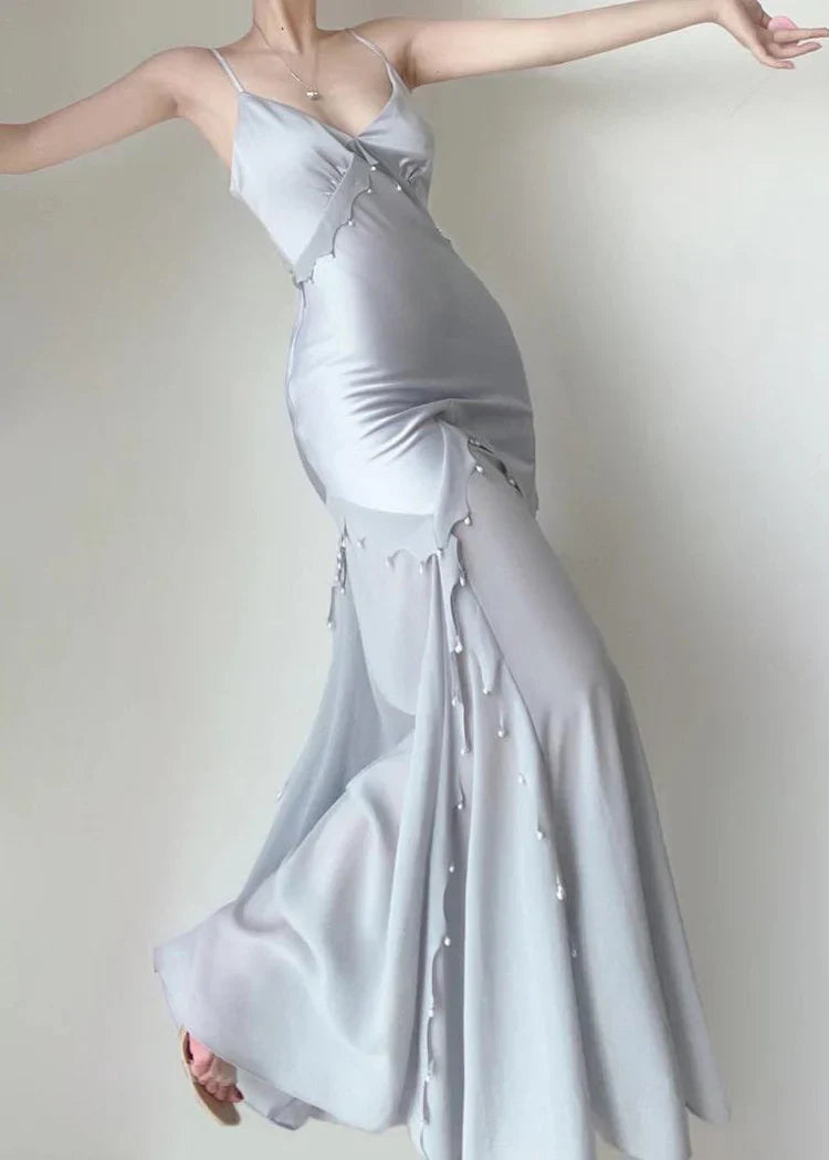 Robe Weitese rétro sirène bretelles spaghetti satin argent longue robe de bal robe de soirée